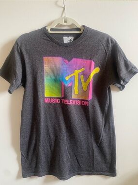 MTV Charcoal Tee with Neon Rainbow Logo